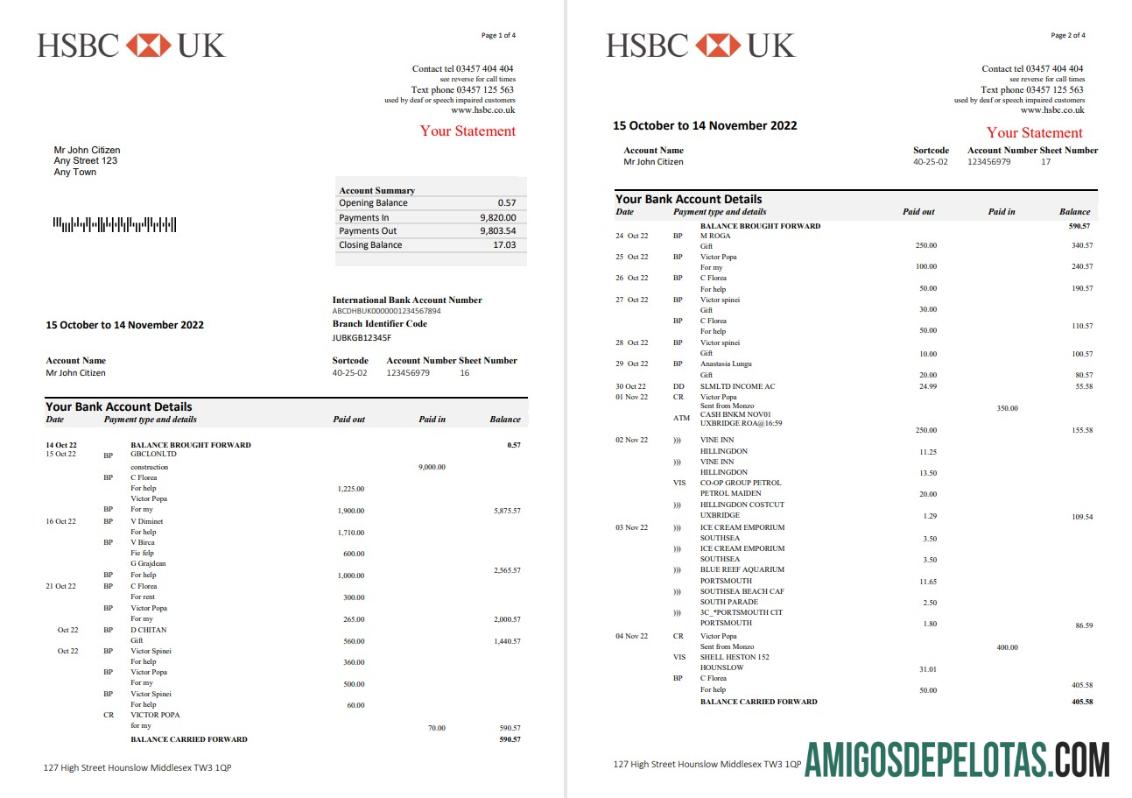 Extrato bancário HSBC do Reino Unido para download, modelo Word e PDF, 5 páginas